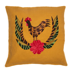 Chicken pillow on yellow linen