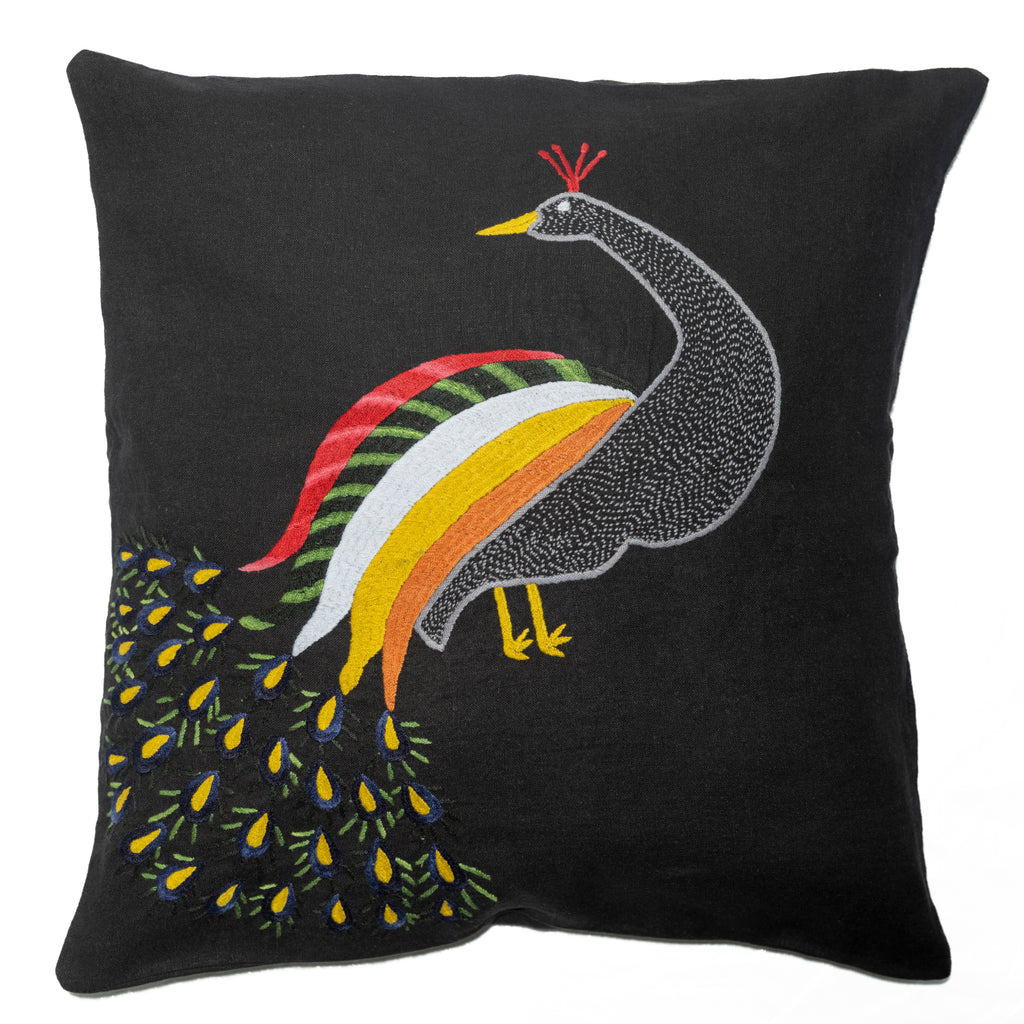 Peacock pillow on black linen