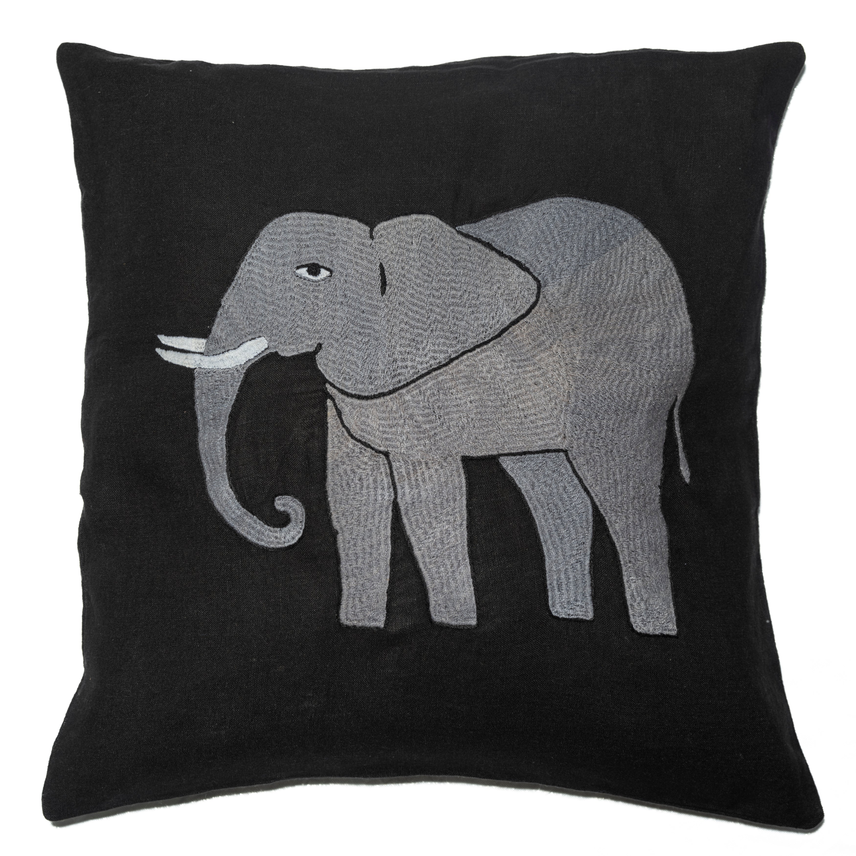 Elephant pillow on black linen