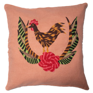 Chicken pillow on pink linen