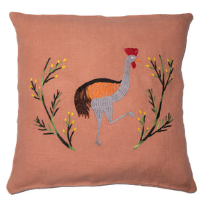 Crane pillow on pink linen