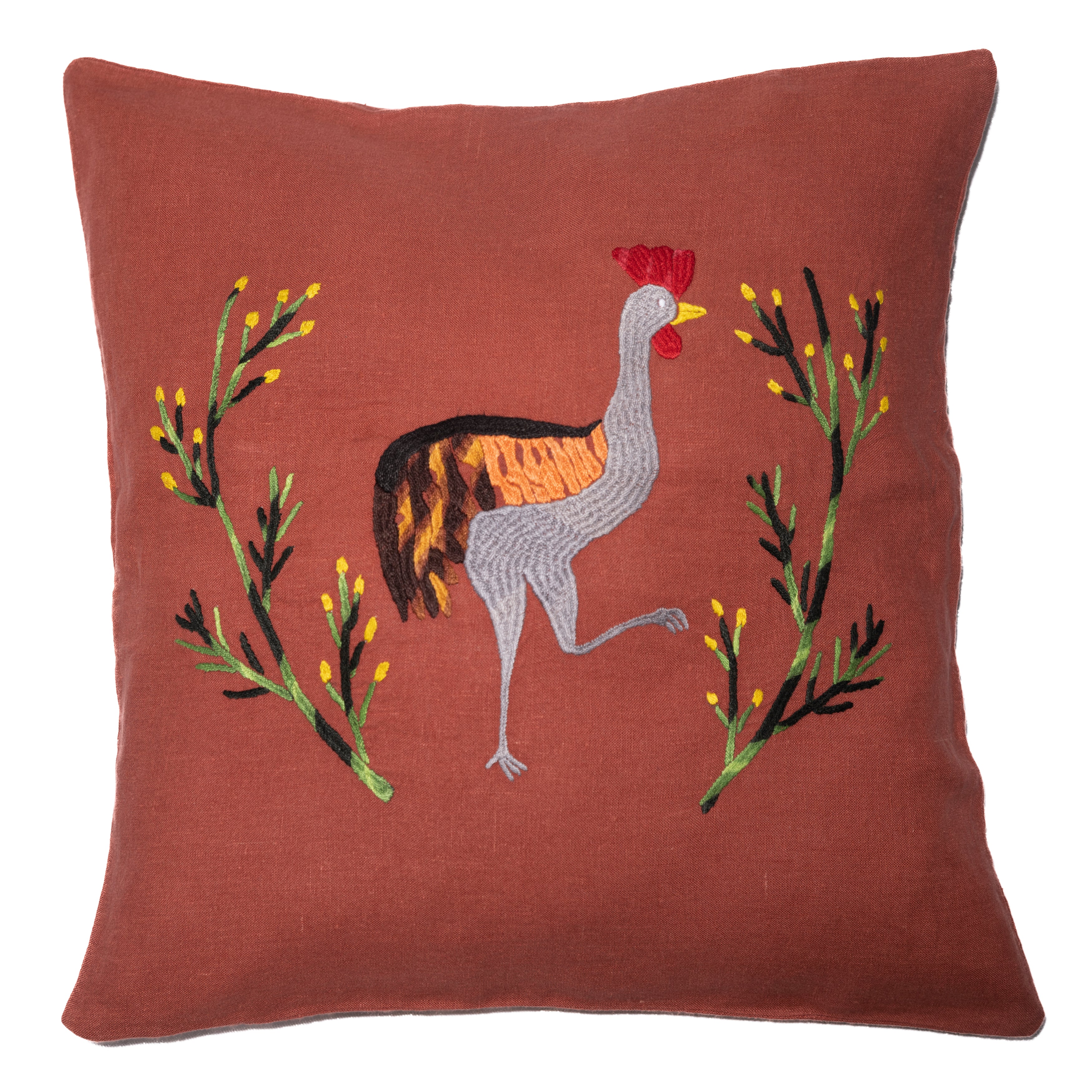 Crane pillow on red linen