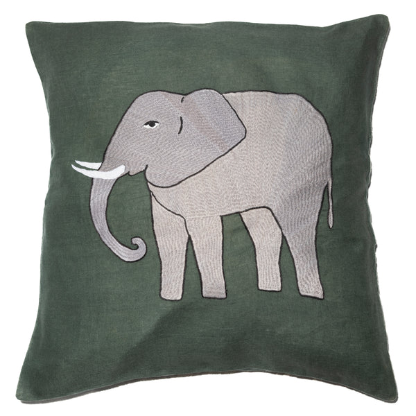 Elephant pillow on emerald linen The Milaya Project