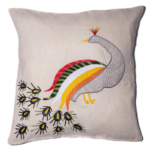 Peacock pillow on natural linen