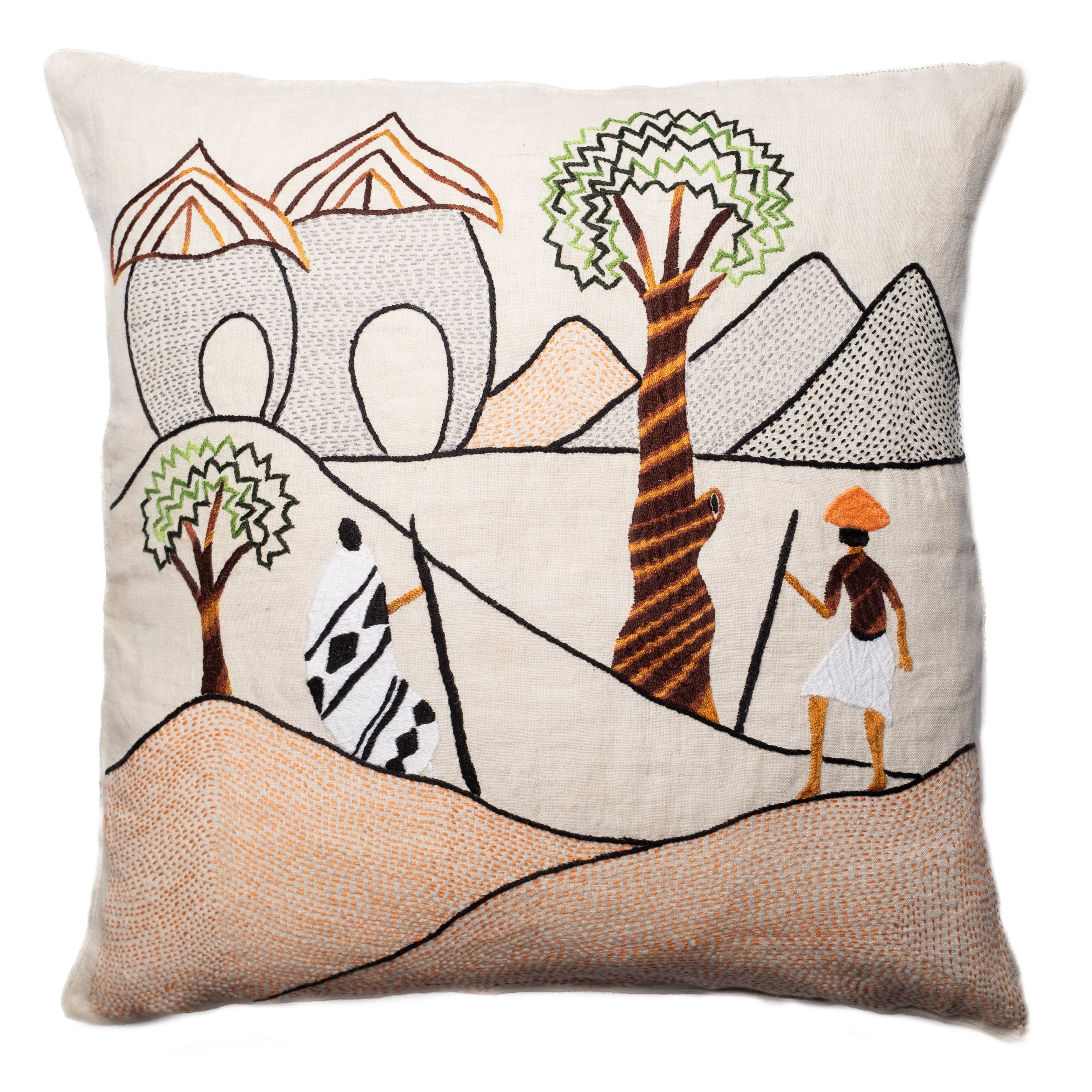 Mountain walk pillow on natural linen