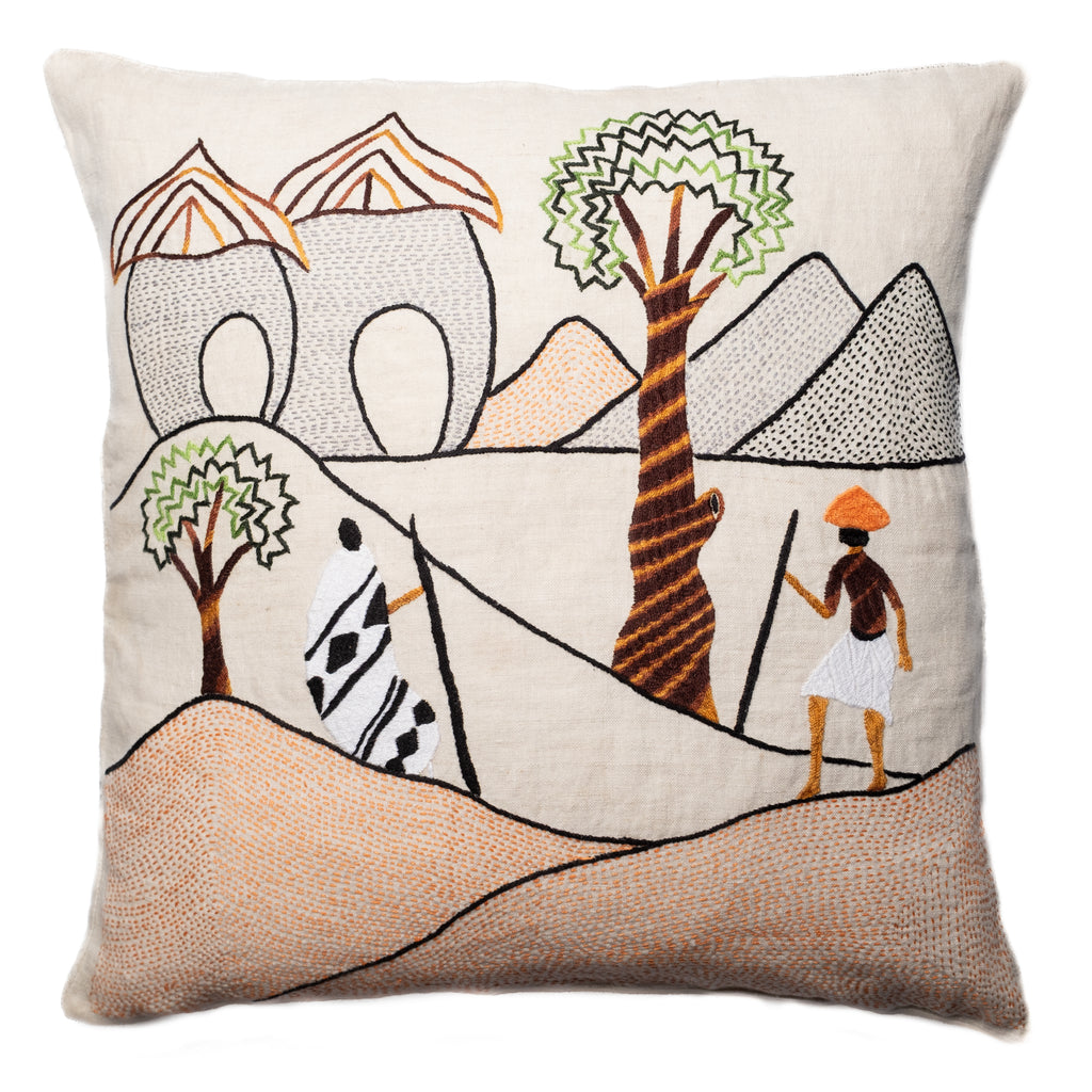 Mountain walk pillow on natural linen