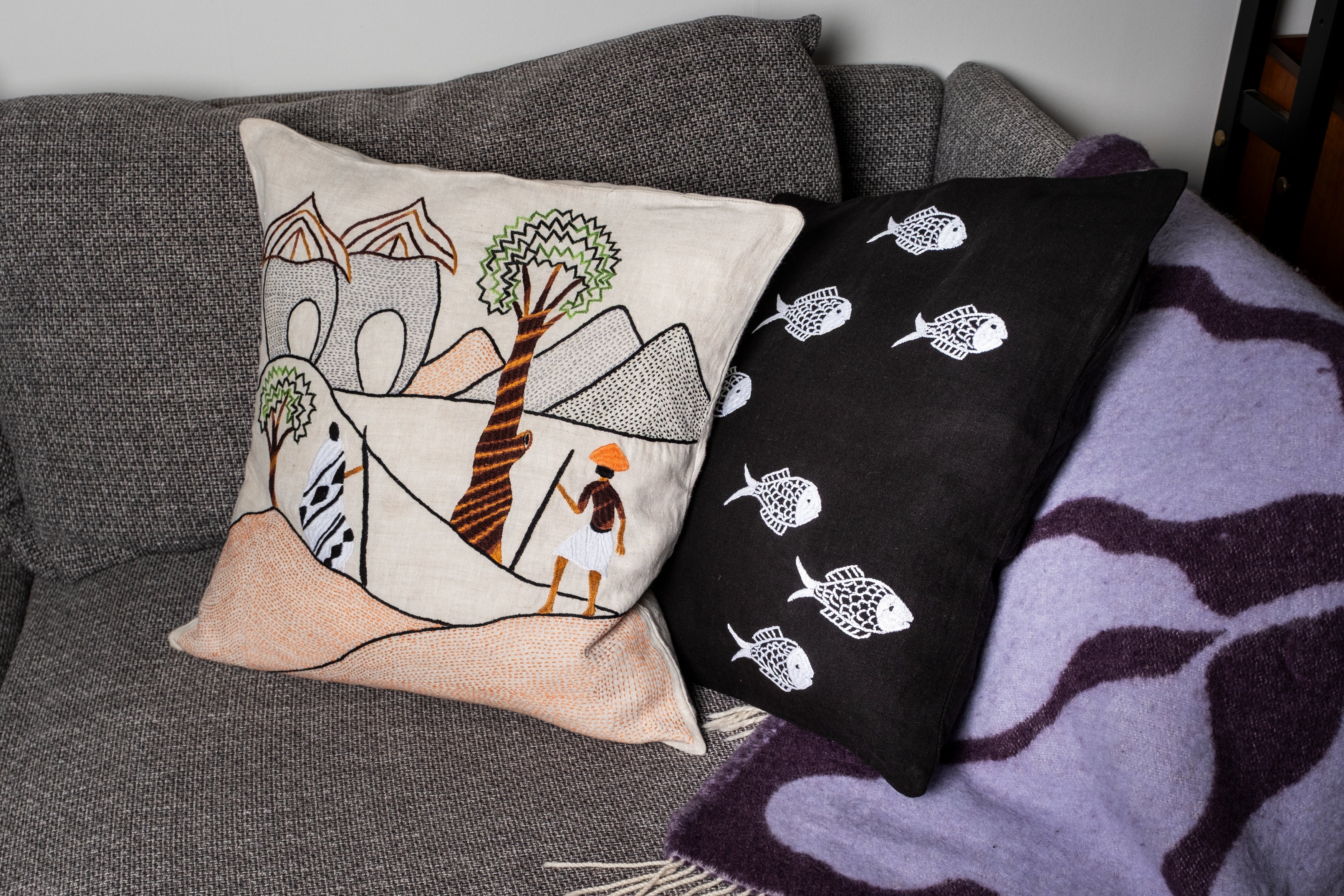 Mountain walk pillow on natural linen