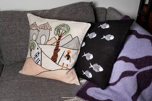 Mountain walk pillow on natural linen
