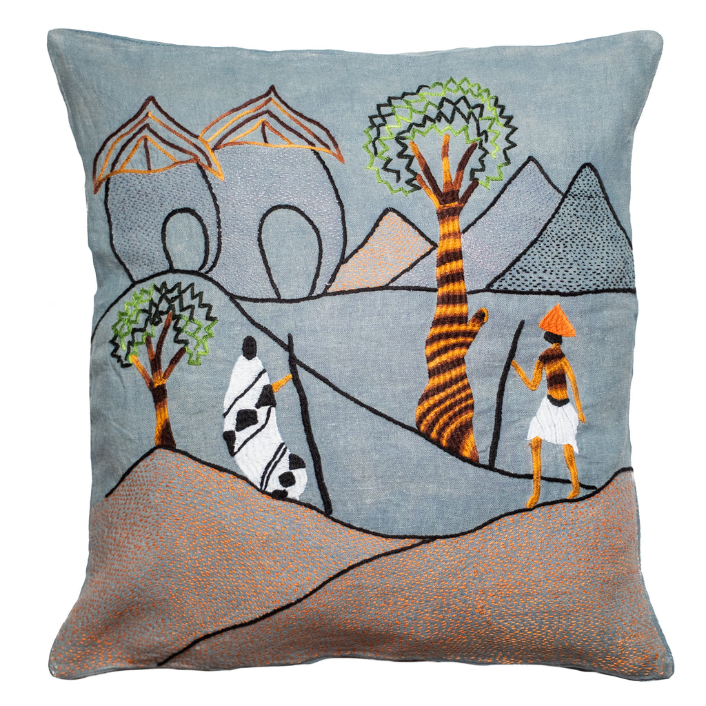 Mountain walk pillow on blue linen