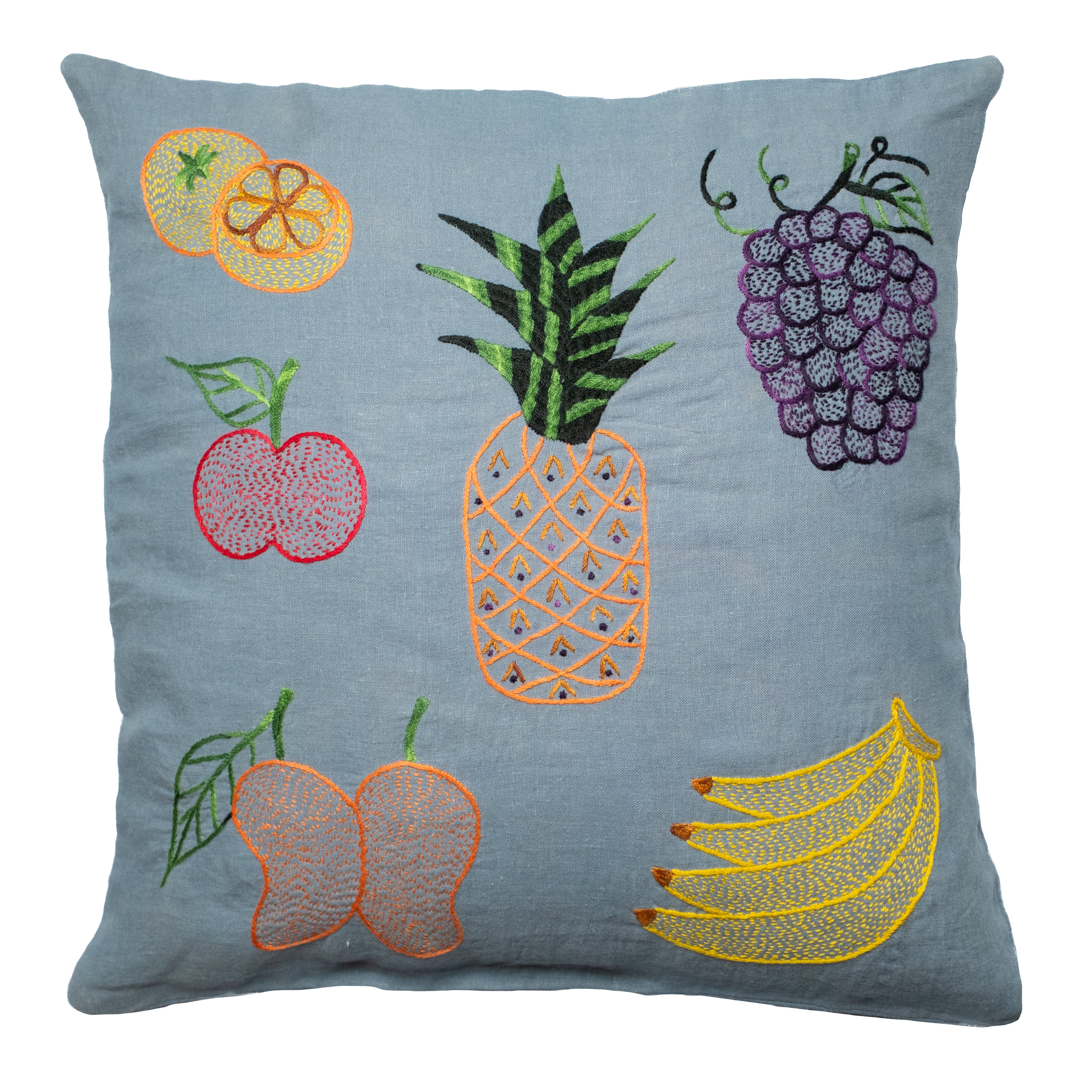 Fruits pillow on blue linen