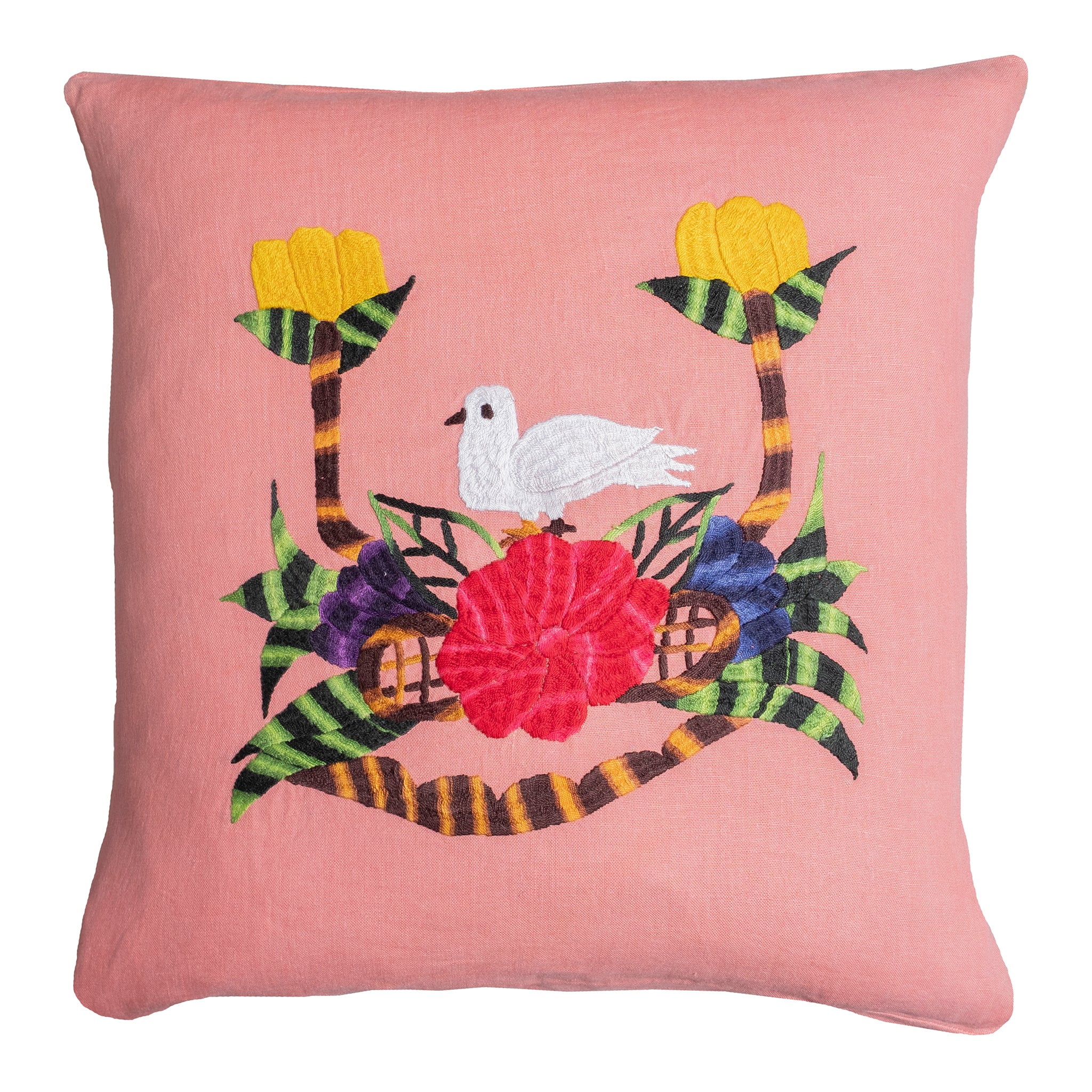 Bird pillow on pink linen